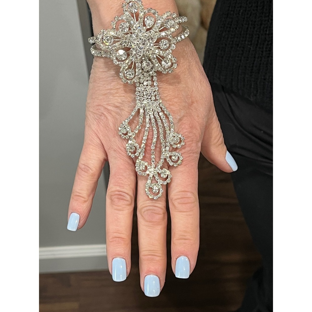 Rhinestone Bracelet Hand‎ Chain Silver Floral Adjustable Statement